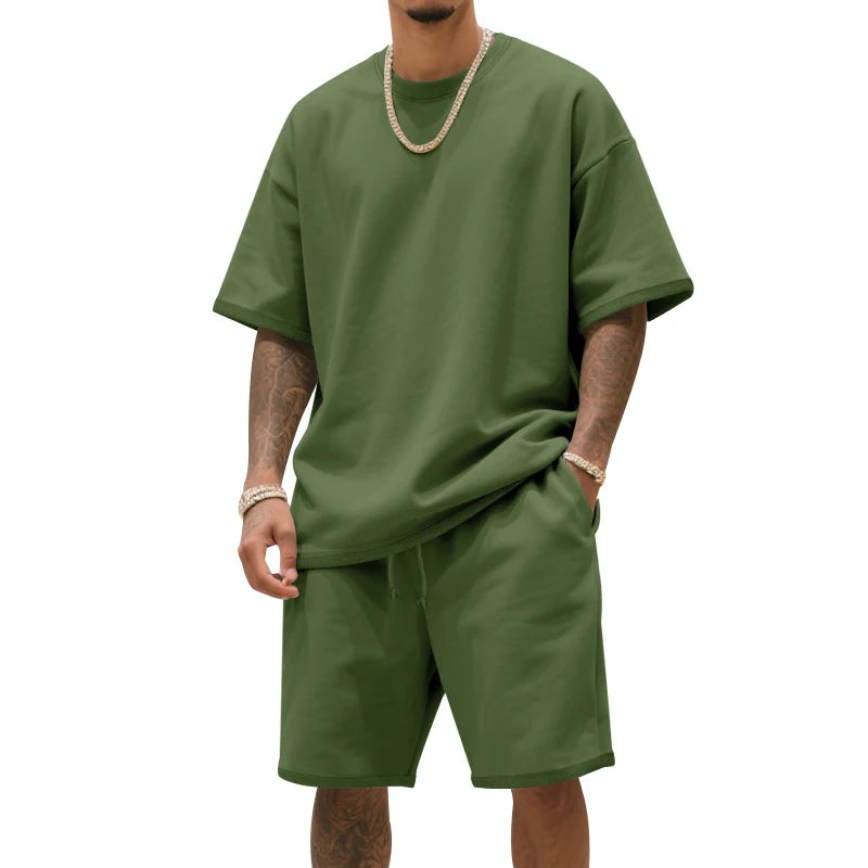 Men's two-piece clothing set, loose round-neck T-shirt and shorts set, casual sportswear, perfect for summer