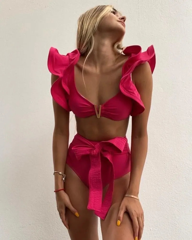 2026 Sexy Bikini Set Women High Waist Classic Off Solid Ruffle Sleeves Swimwear Red Separate Deep V Swimsuit Vintage Beach Set