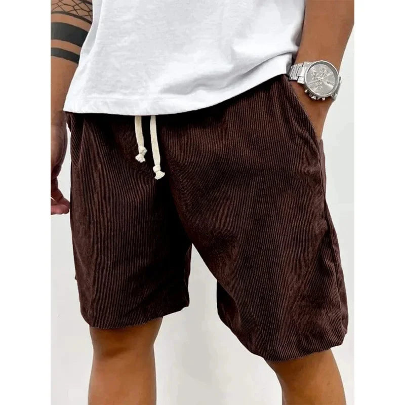 New 2025 Men's Summer Casual Drawstring Corduroy Retro Shorts Comfortable Loose Fit Plain Patterned Versatile for Daily Wear