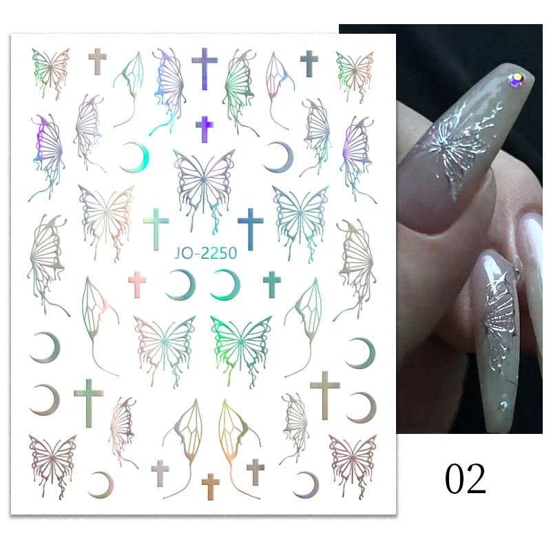 1PCS Black White Butterfly Laser Nail Stickers Y2K Nail Art Decoration Abstract Lines Bronzing Flowers Stickers For Nails