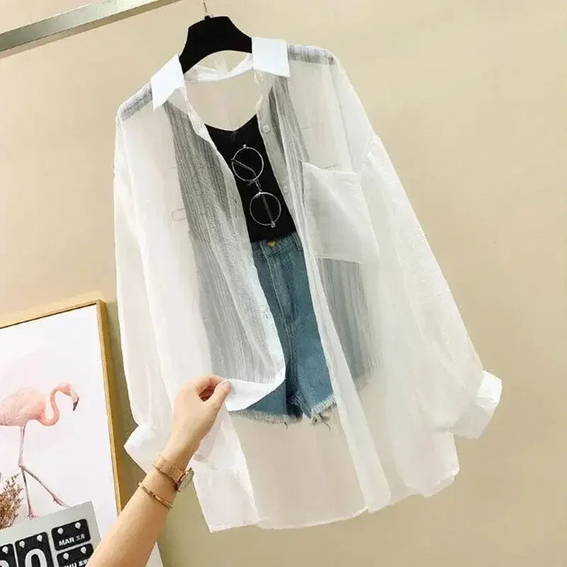 Summer Women's Elegant Chiffon Sunscreen Shirt Korean Harajuku Style See-Through Loose Blouse Thin Perspective Cardigan Yk2 Tops