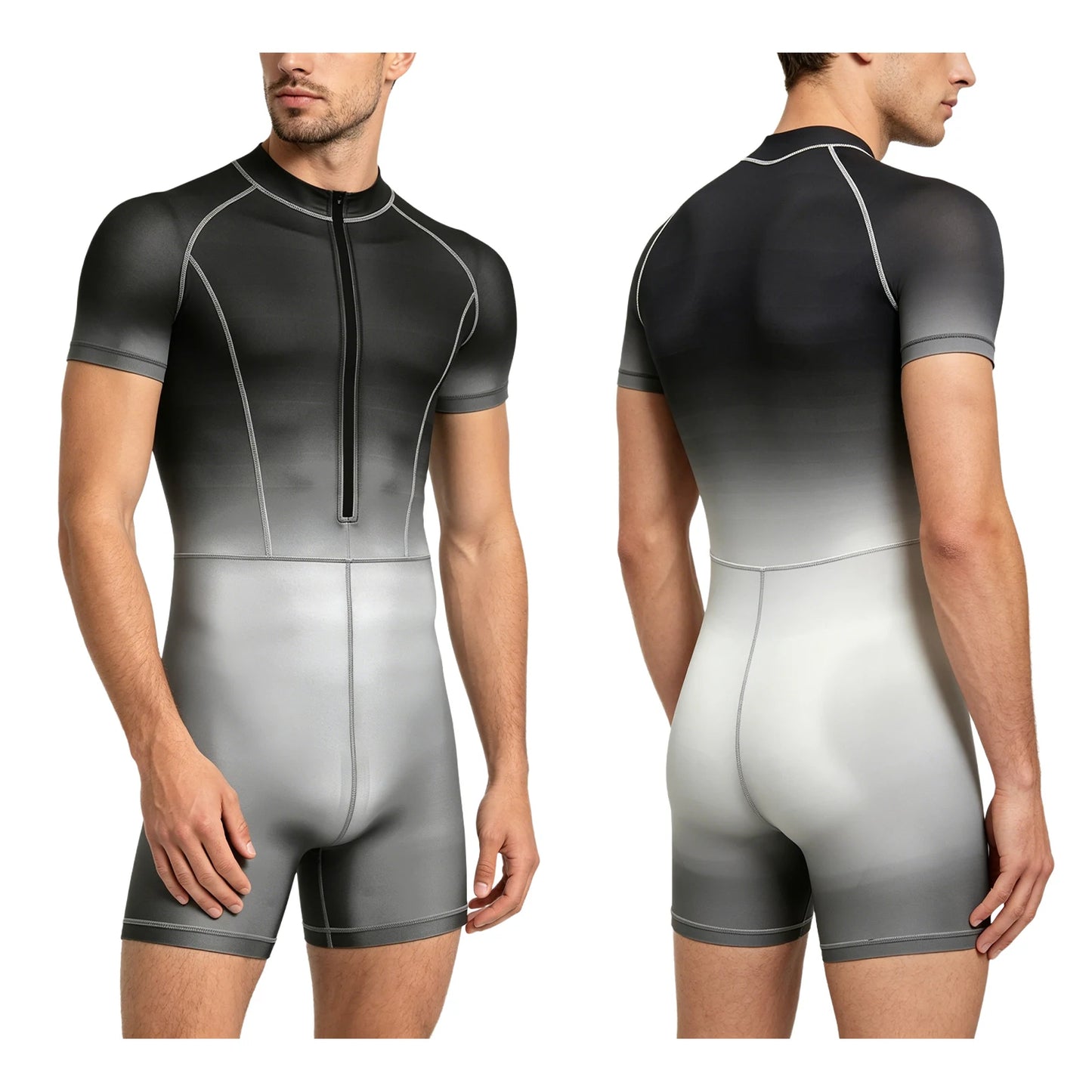 Men Gradient Bodysuit Rash Guard Swimwear Wetsuit Short Sleeve Zipper Bathing Suit Surfing Beach Pool Water Sports Wimsuit