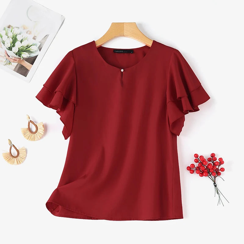 2026 ZANZEA Summer Elegant Short Sleeve Office Blouse Women Shirt Casual Solid OL Work Tops Fashion O Neck Holiday Tunic Mujer
