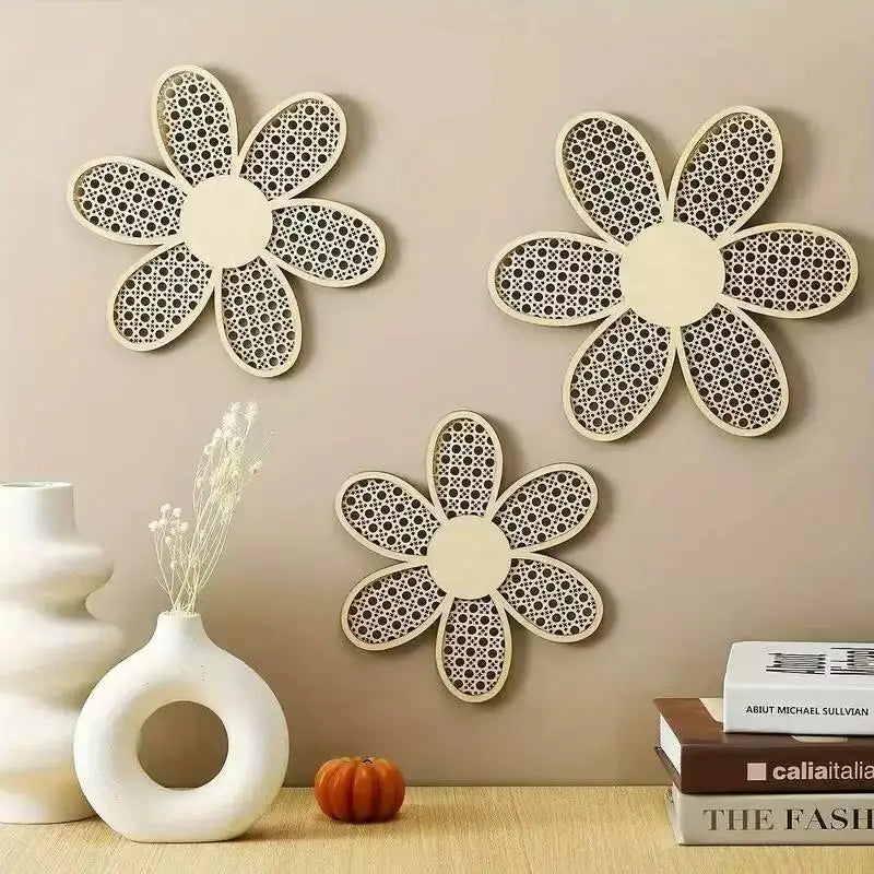 Bohemian Daisy Wall Decoration, Wooden Rattan-Like Pattern Wall Art Hanging Piece, Home Living Room Wall Decoration