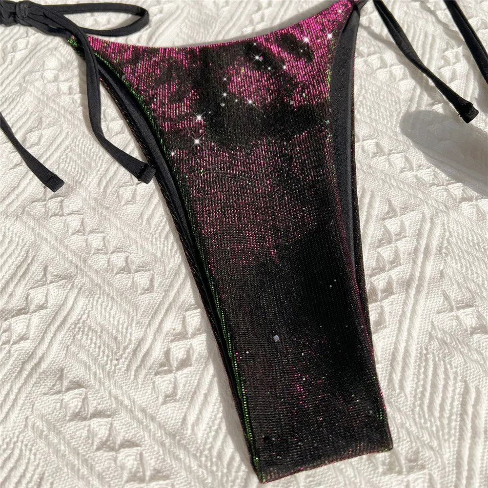 Shiny Purple String Halter Swimwear Triangle Bikinis Sets Swimsuit 2026 Women Micro Thong Lace-up Bathing Suit Sexy Bikini Mujer