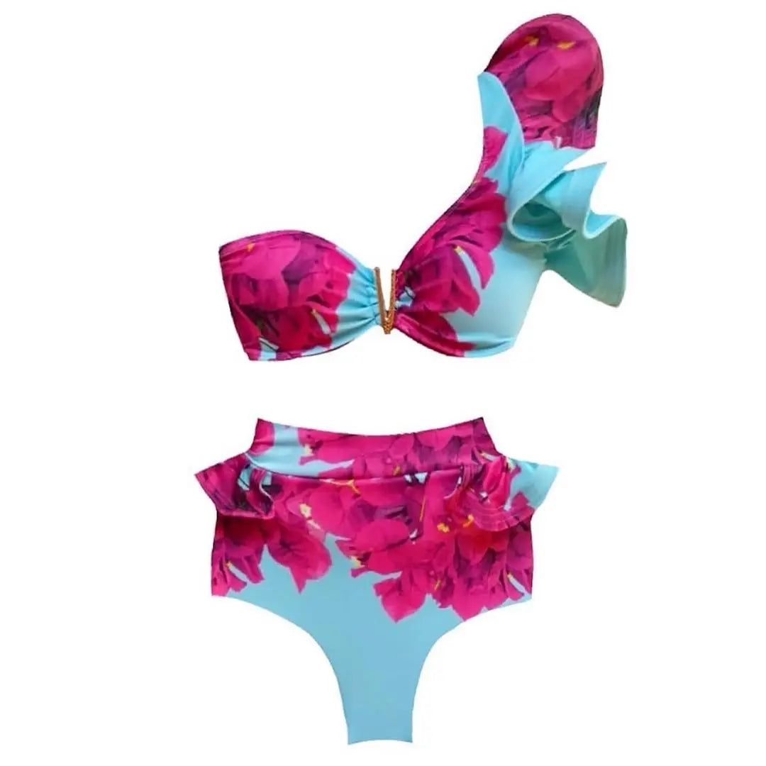 2026 Sexy Bikini Set Women High Waist Classic Off Solid Ruffle Sleeves Swimwear Red Separate Deep V Swimsuit Vintage Beach Set