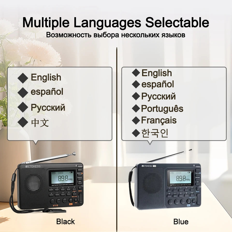RETEKESS V115 Radio FM AM SW Portable Radios Rechargeable  Radio Batteries multiple bands  USB Recorder Speaker for Elders TX32