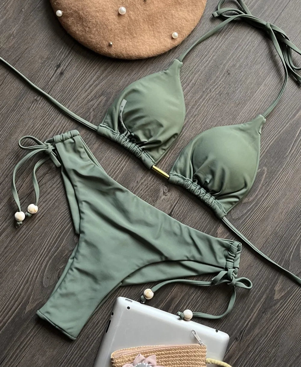 Summer Brazilian Bikini Set Women Sexy Bandage Top Thong Bottom 2 Pieces Set Push-up Swimwear Lace Up Swimsuit Beachwear