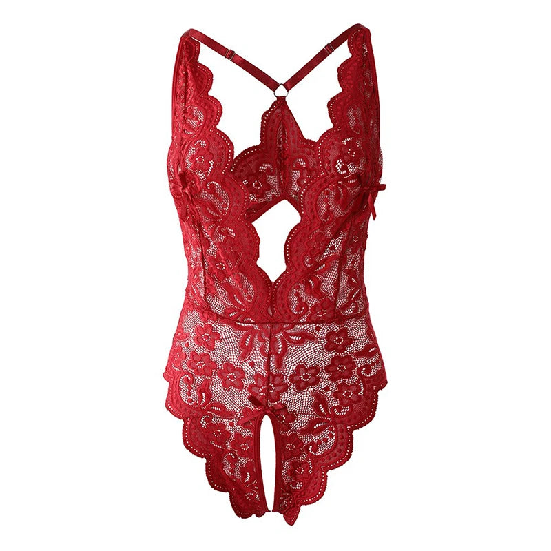 Lenceria Mujer Sexi One Pieces Open Bra Underwear For Sex Women Blue Deep V Crotchless Lingerie Sets Lace Transparent Bodysuits