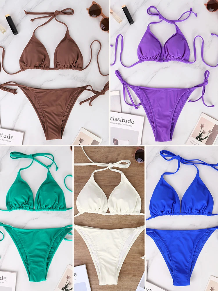Women's New Thong Bikini Two-Piece Set 2025 Summer Popular Sexy Beach Style Lace-up Lady's Swimwear Micro Thongs Bikini Swimsuit