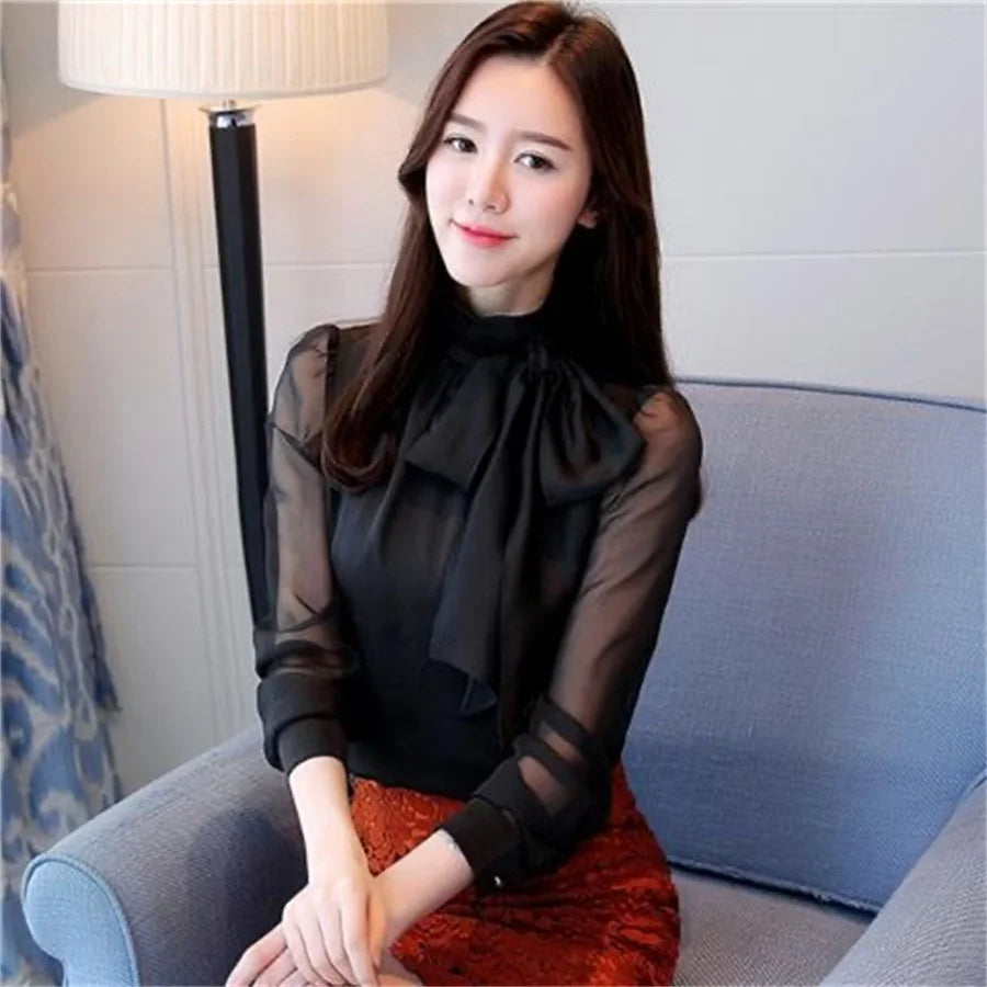 New Summer Fashion Tunic Women Blouse Shirts Long Sleeve Tie Bow Chiffon Turtleneck Formal Women White Black Shirts DF4905