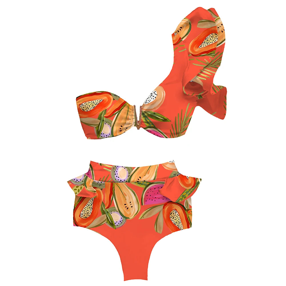 2026 Sexy Bikini Set Women High Waist Classic Off Solid Ruffle Sleeves Swimwear Red Separate Deep V Swimsuit Vintage Beach Set
