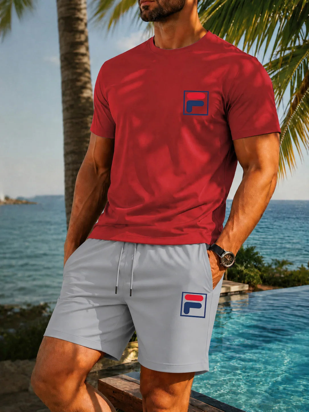 Men's Printed Two-piece Set, Casual Short Sleeved T-shirt and Drawstring Shorts Set, Men's Summer Breathable Street Sportswear