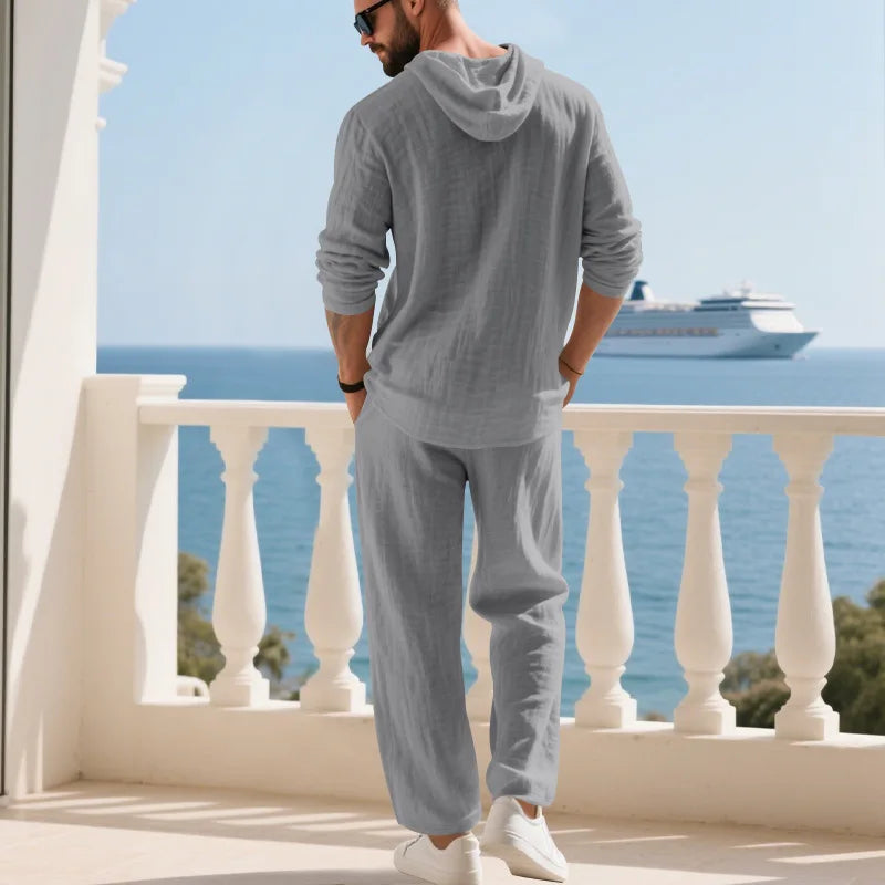 Men's Linen Hooded Sets 2 Piece Outfit Summer Casual Long Sleeve Hoodie and Wide Leg Pants Set for Men