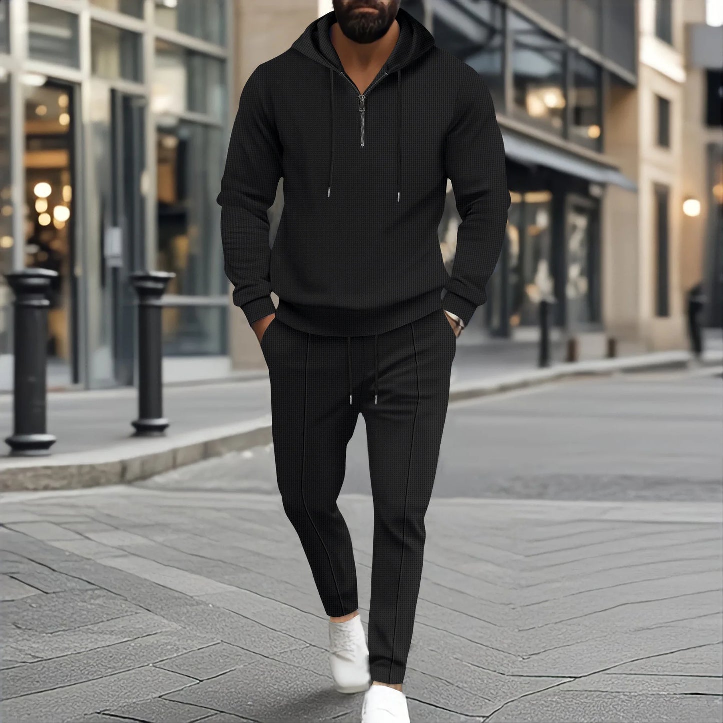 Teen Boys 2-Piece Set Waffle Knit Half-Zip Hoodie And Drawstring Pants Casual Comfortable Clothing