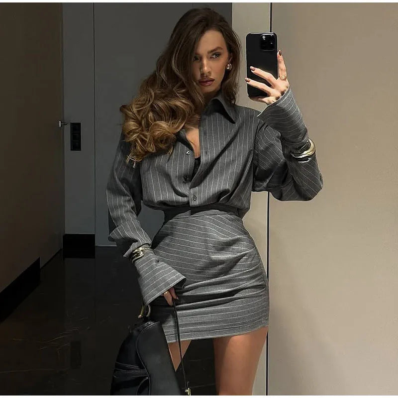 Sexy Striped Skirt Set Women Lapel Single-breasted Shirts Pleated A-line Skirts 2026 Spring Summer Office Lady 2 Pieces Outfit