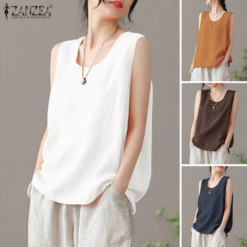 2024 ZANZEA Fashion Summer Beach Shirt Women O Neck Sleeveless Tanks Tops Female Party Solid Loose Blouse Elegant OL Work Blusas