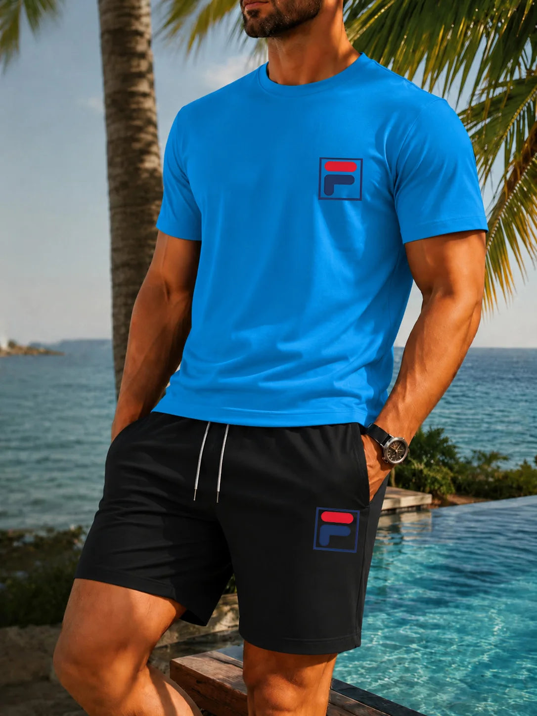 Men's Printed Two-piece Set, Casual Short Sleeved T-shirt and Drawstring Shorts Set, Men's Summer Breathable Street Sportswear