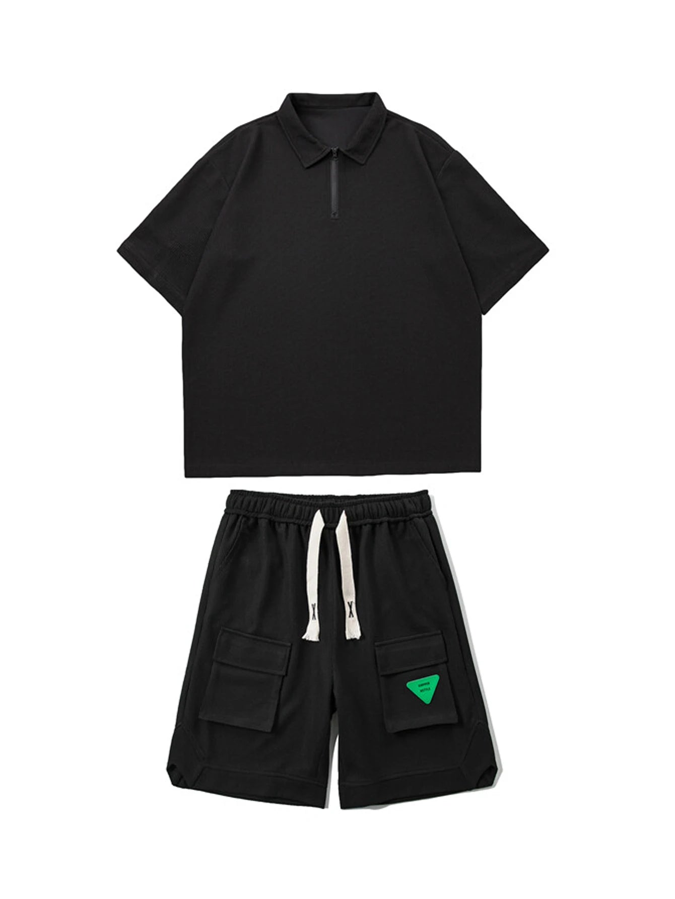 2-piece men's summer casual outdoor set, fashionable collar short sleeved T-shirt and pocket shorts set, with drawstring, suitab