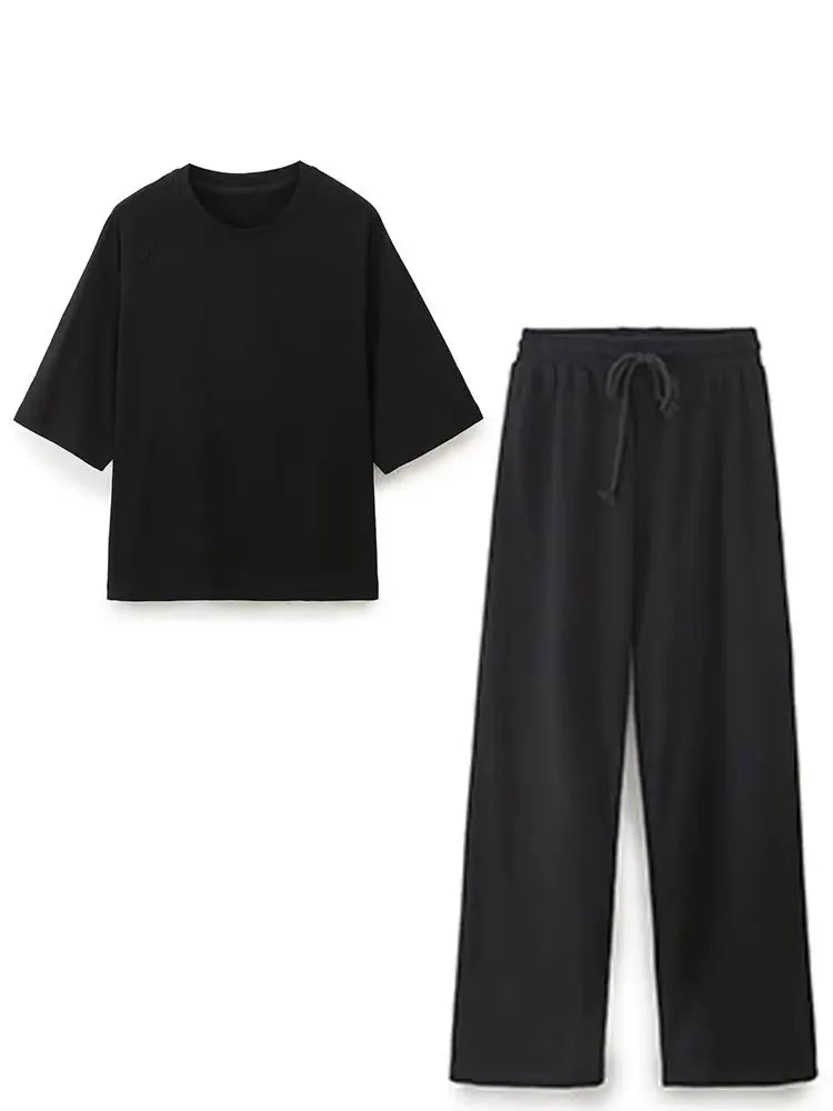 HH Summer Women Casual T Shirt Pant Sets Elegant Pink O Neck Short Sleeve T-Shirt + Drawstring Loose Trousers Spring Suit