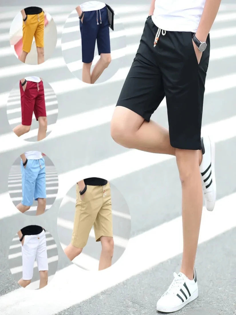 2025 NEW Cotton shorts for men in summer, thin fit, slim fit, casual, sporty, five inch mid length, youth elastic band shorts