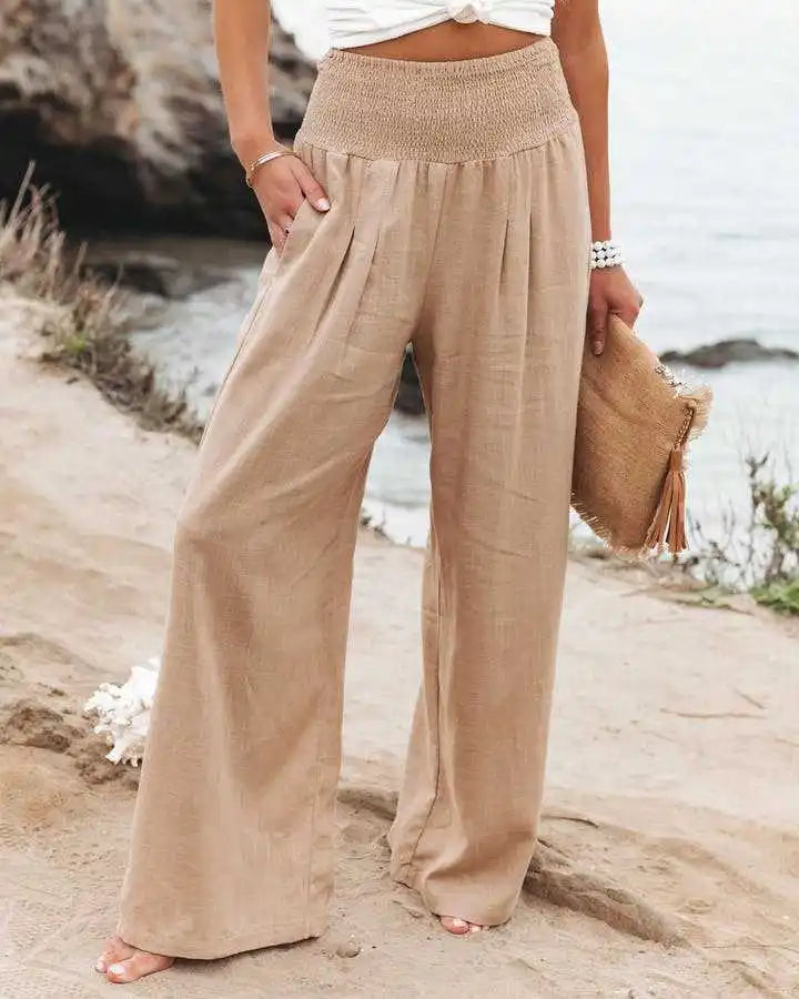 Women's casual pants with drawstring, mid waist, beach wide leg, spring and summer, European and American pants