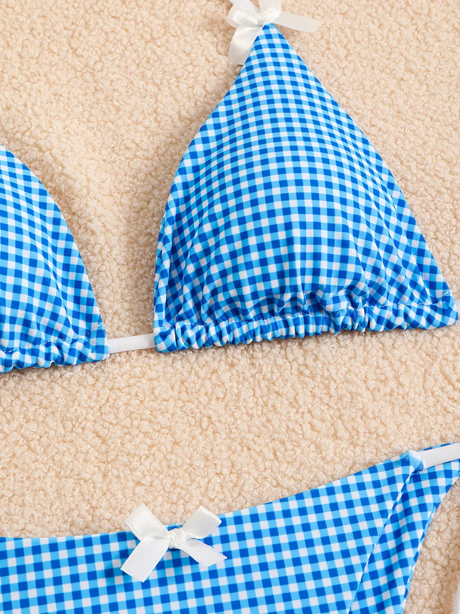 Sexy Bikini Women's Swimsuit Butterfly Decor Checked Swimwear 2026 Halter Thong Bikinis Sets Swimming for Beachwear Bathing Suit