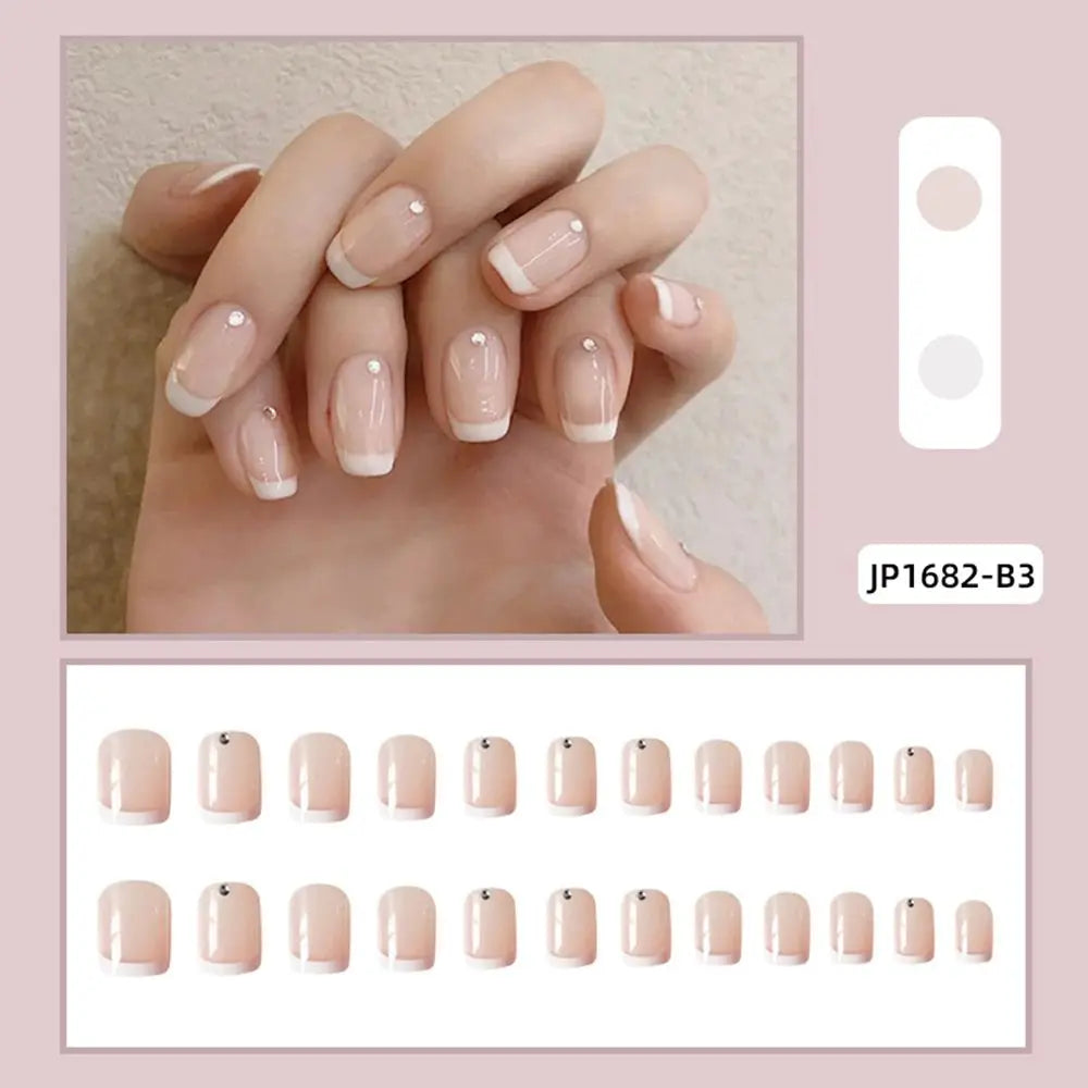 24pcs French White Side False Nails Wearable Rhinestone Desgin Fake Nails Short Simple Nail Full Cover Nail Tips Press On Nails