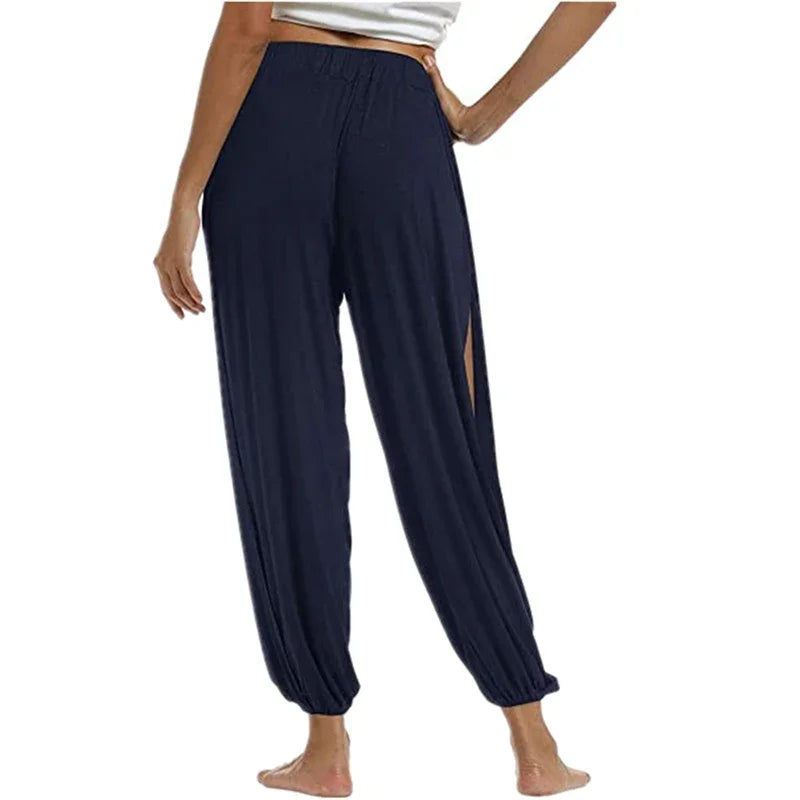 Summer High Slit Haren Pants for Women Sports Yoga Pants Solid Loose Hippie Harem Wide Leg Pants Trousers