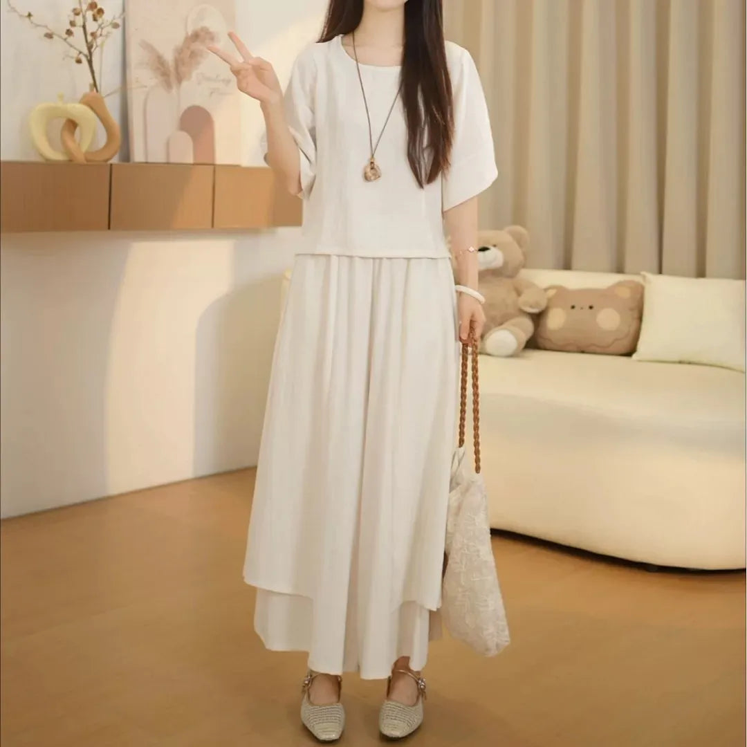 Fashionable Summer Outfit Women's Slimming Short Sleeve T-Shirt Skirt Pants Drapey Casual Meat Concealing Two-Piece Set