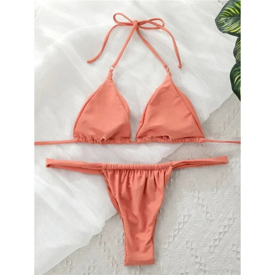 PU Pleated Ruched Bikinis Mini Micro Thong Bikini Women Swimwear Female Swimsuit Two-pieces Bikini Set Halter Bathing Suit Swim