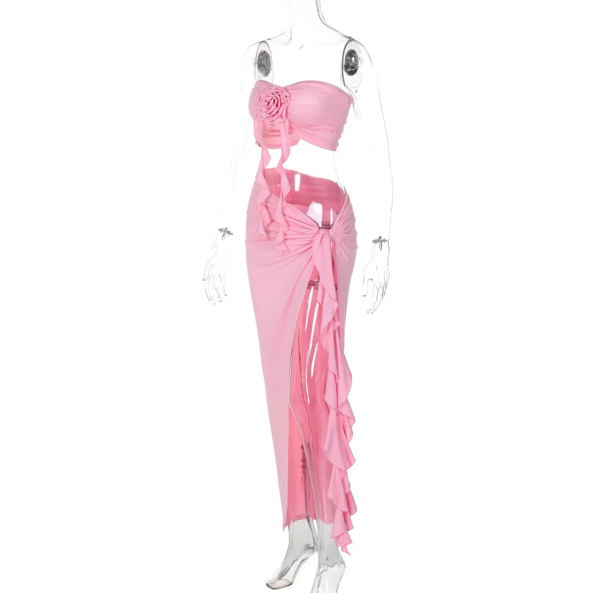 Women's Elegant Two Pieces Dresses Suits Flower Corset Top and High Slit Long Skirts Matching Sets Red Pink Vacation Outfit 2026