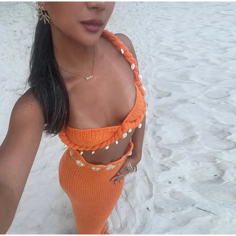Knit Woven Bra Top Skirt Sets Women Twist Strap Sleeveless Backless Corset Long Skirts Suits Female 2 Pieces Seaside Vacation