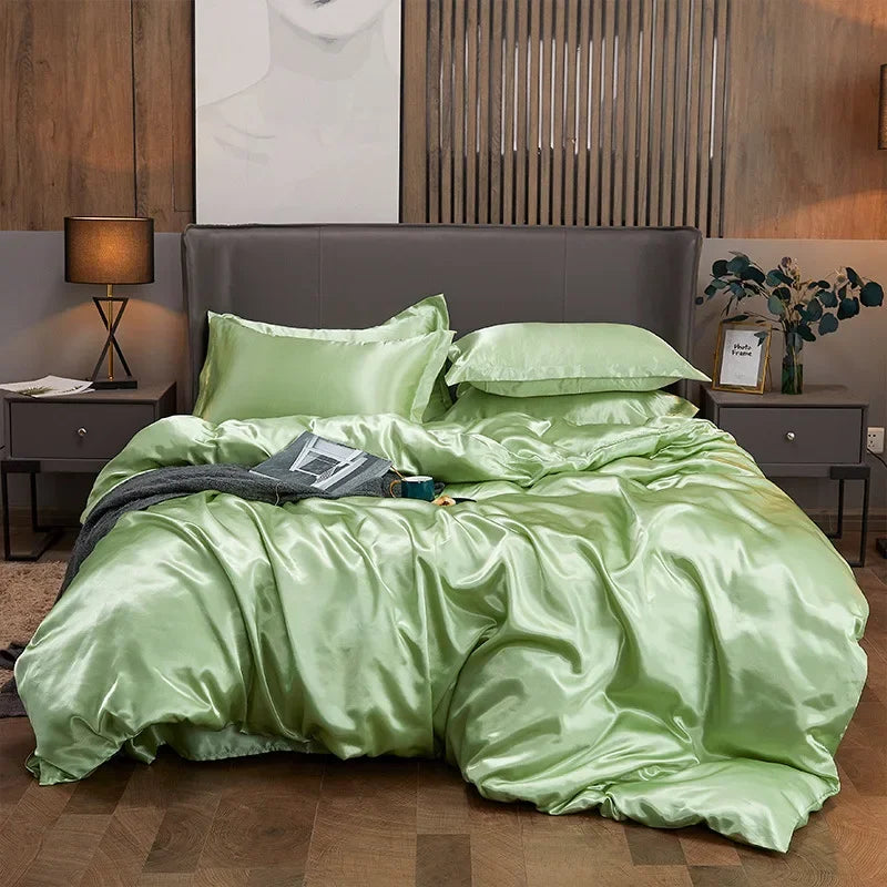 Solid Color Silk-like Bedding European and American Bed Sheet Quilt Cover Pillowcase