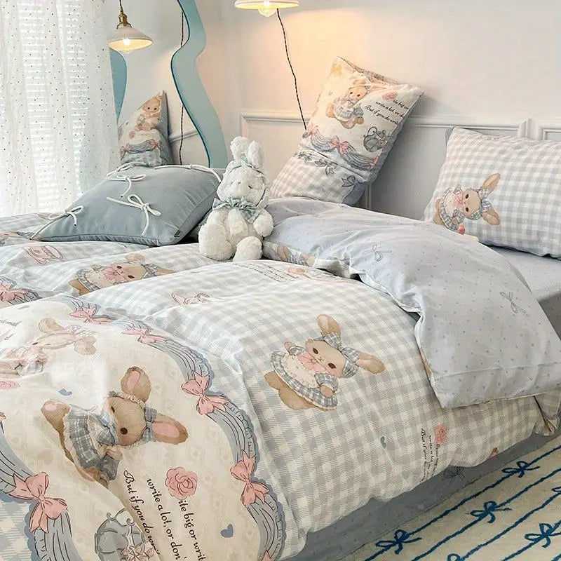 Cute Rabbit Bedding Set New No Filler Ins Floral Duvet Cover Flat Sheet Pillowcases Twin Queen Size Girls Boys Comforter Cover