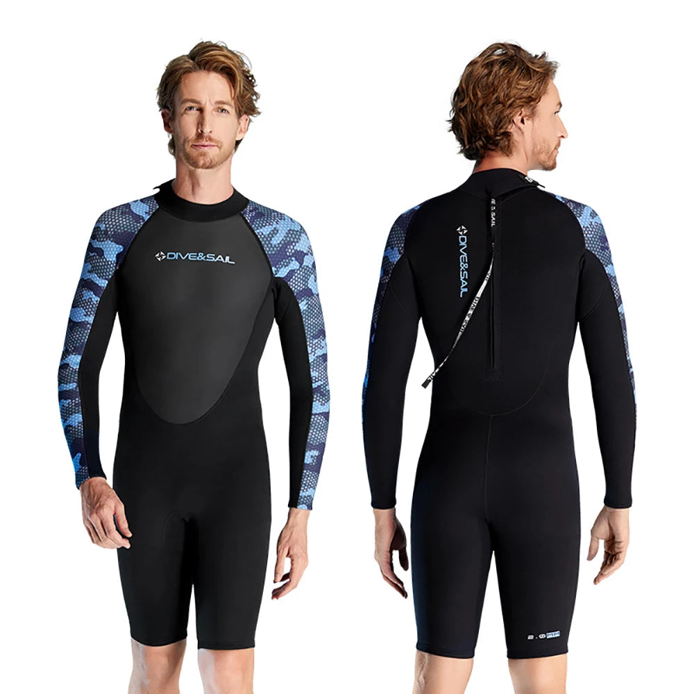 Wetsuit Men 2MM Neoprene Black Zip Shorty Long Sleeves Swimsuit Mens Short One-piece Bathing Swimming Suit For Water Sports