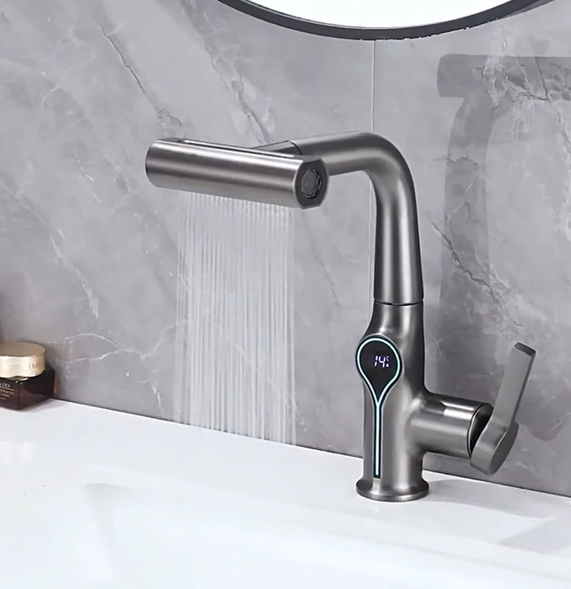 Lift Up Down Stream Sprayer Hot Cold Water Sink Mixer Wash Tap For Bathroom Waterfall Temperature Digital Display Basin Faucet