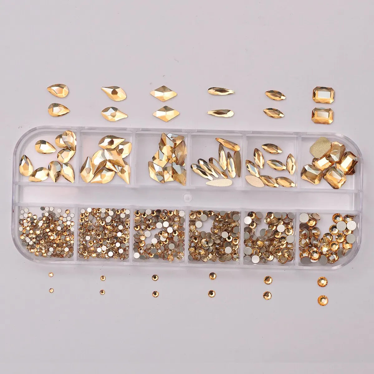 12 Grids Golden Shadow Flatback Rhinestones Glitter Nail Charms Crystal Diamond Nail Art Decoration for Nails Accessories