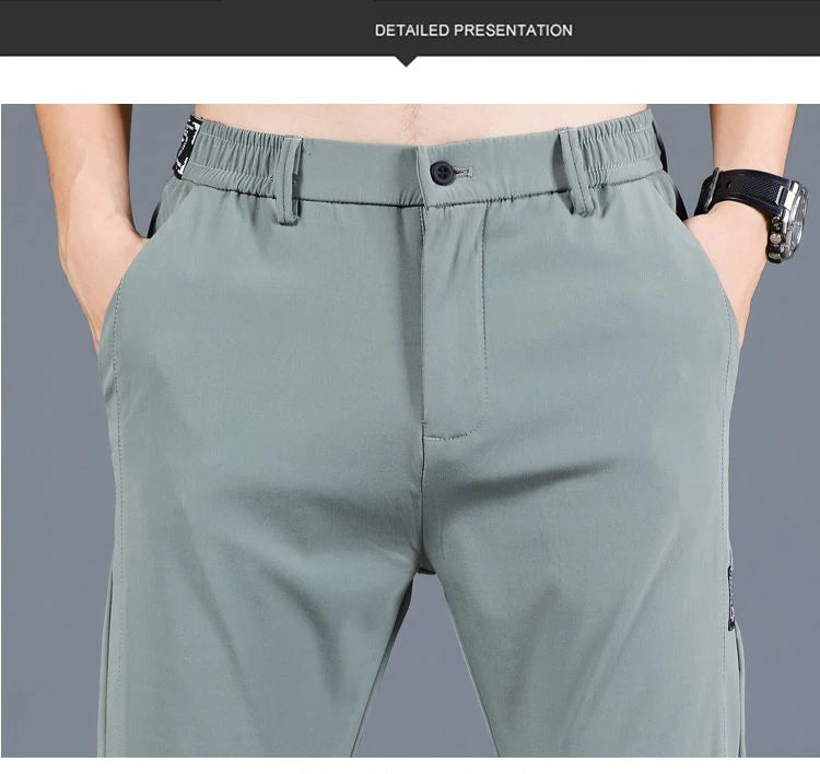 Ice silk men's pants 2025 summer new black gray thin business casual pants outdoor elastic breathable straight leg sports pants