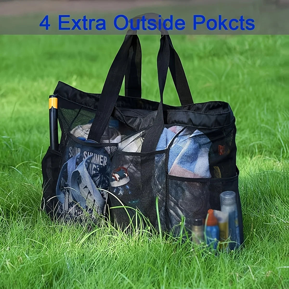 1pc Extra Large Mesh Beach Bag, Breathable Mesh Tote With Zipper & Side Pockets, Portable Large Capacity Finishing Organizer Bag