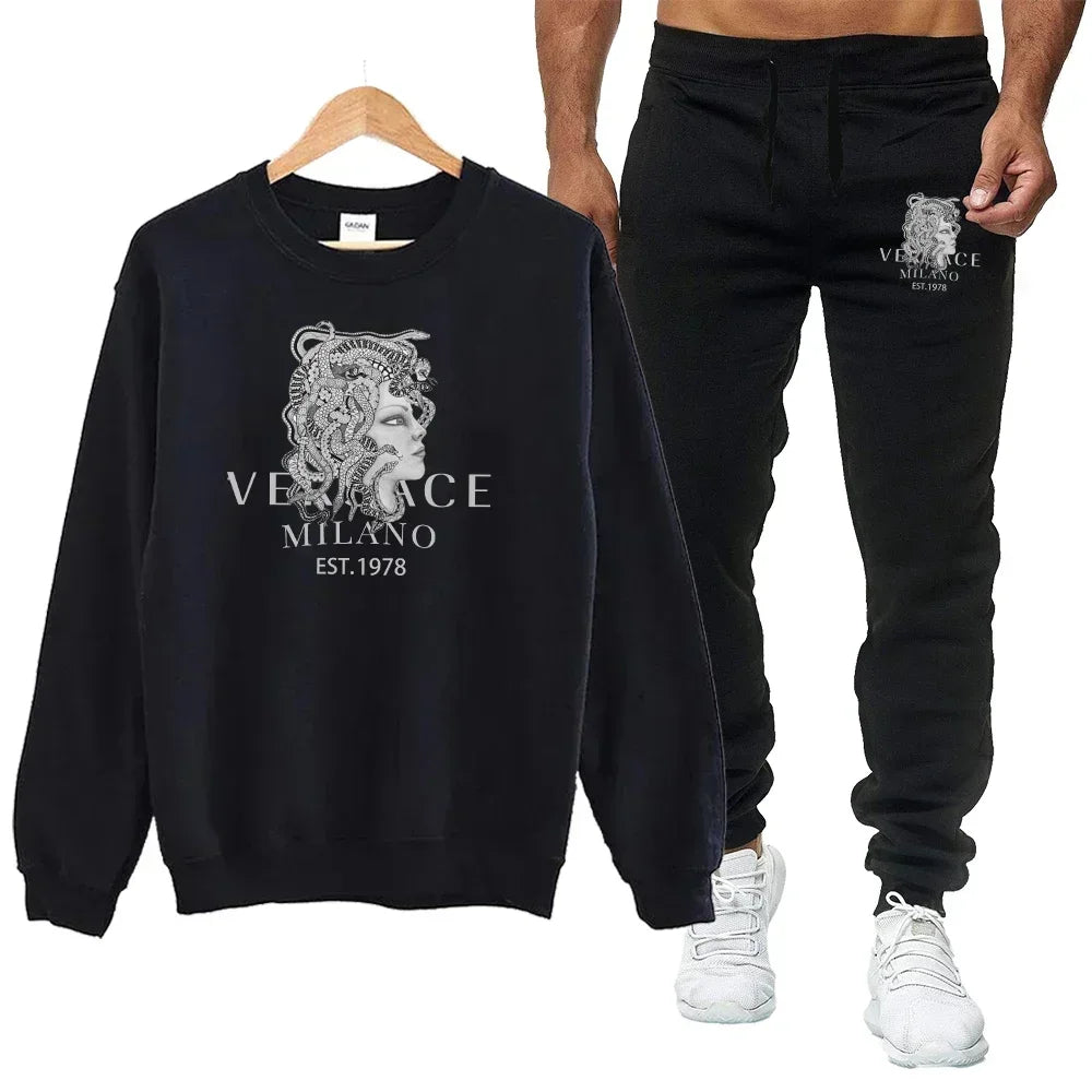 Men's autumn round neck sweatshirt set, luxurious printed simple casual sports set