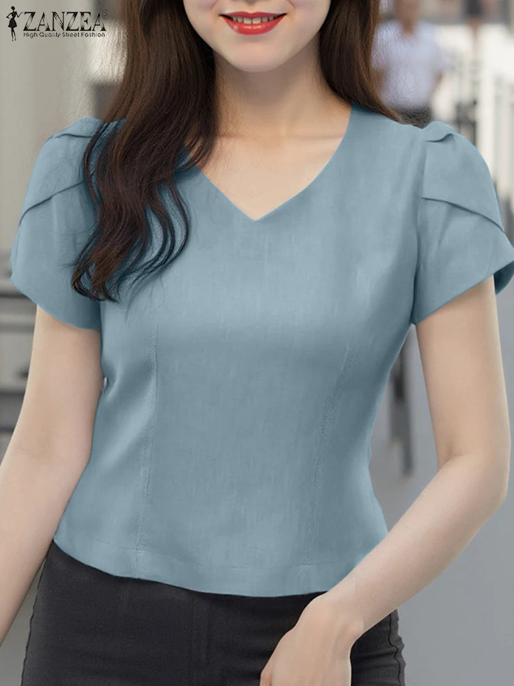 Summer Short Puff Sleeve Blouse ZANZEA Women Tunic Tops 2025 Fashion Solid Color Shirts Sexy V-Neck Casual Blusas Streetwear