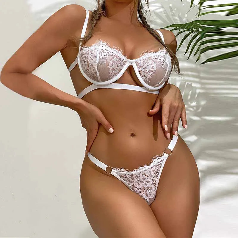 Blue Lace Sexy Women's Lingerie Sex Exotic Underwear Set Perspective Micro Bikini Push Up Bra Hot Erotic Plus Size Lenceria