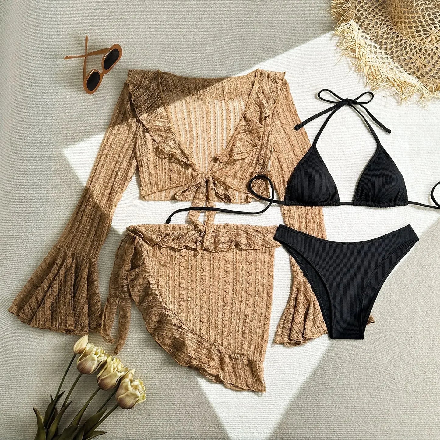 Sexy 4 Pieces Bikinis Sets Women Mesh Long Sleeve Cover Up Beach Skirt Swimwear Holiday Beach Bathing Suit Patchwork Swimsuit