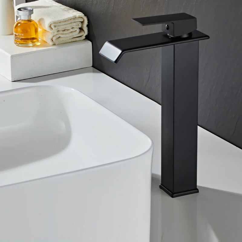 Waterfall Basin Faucet Gold and Black Sink Waterfall Mixers Bathroom Faucet Deck Mounted Washbasin Taps