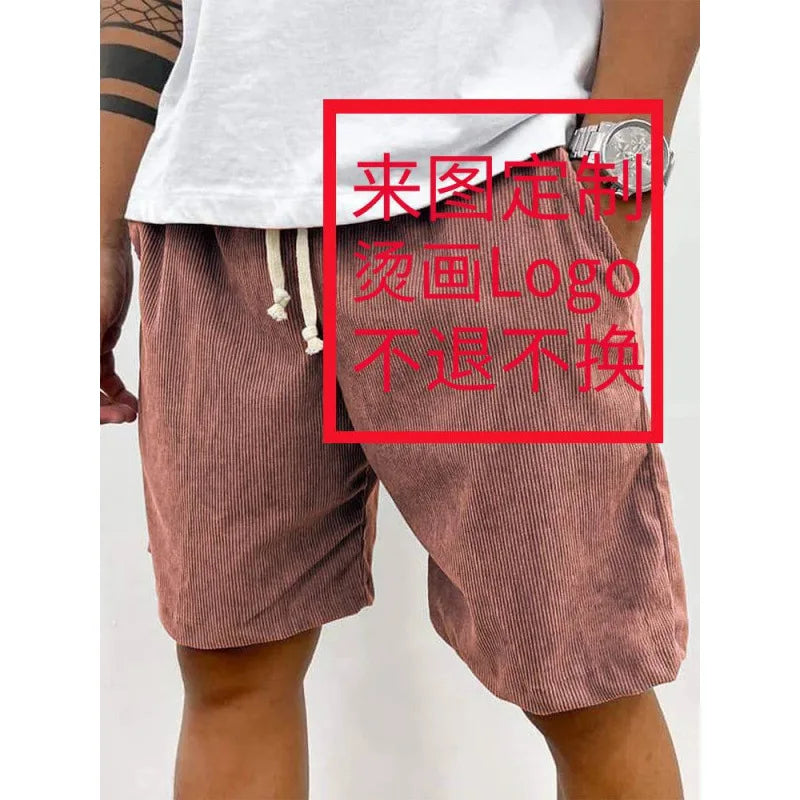 New 2025 Men's Summer Casual Drawstring Corduroy Retro Shorts Comfortable Loose Fit Plain Patterned Versatile for Daily Wear