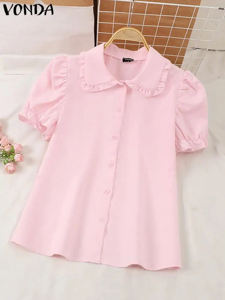 Women Elegant Shirts 2024 VONDA Fashion Summer Short Sleeve Tops Casual Solid Color Shirts Loose Lapel Neck Tunic Blusas Baggy
