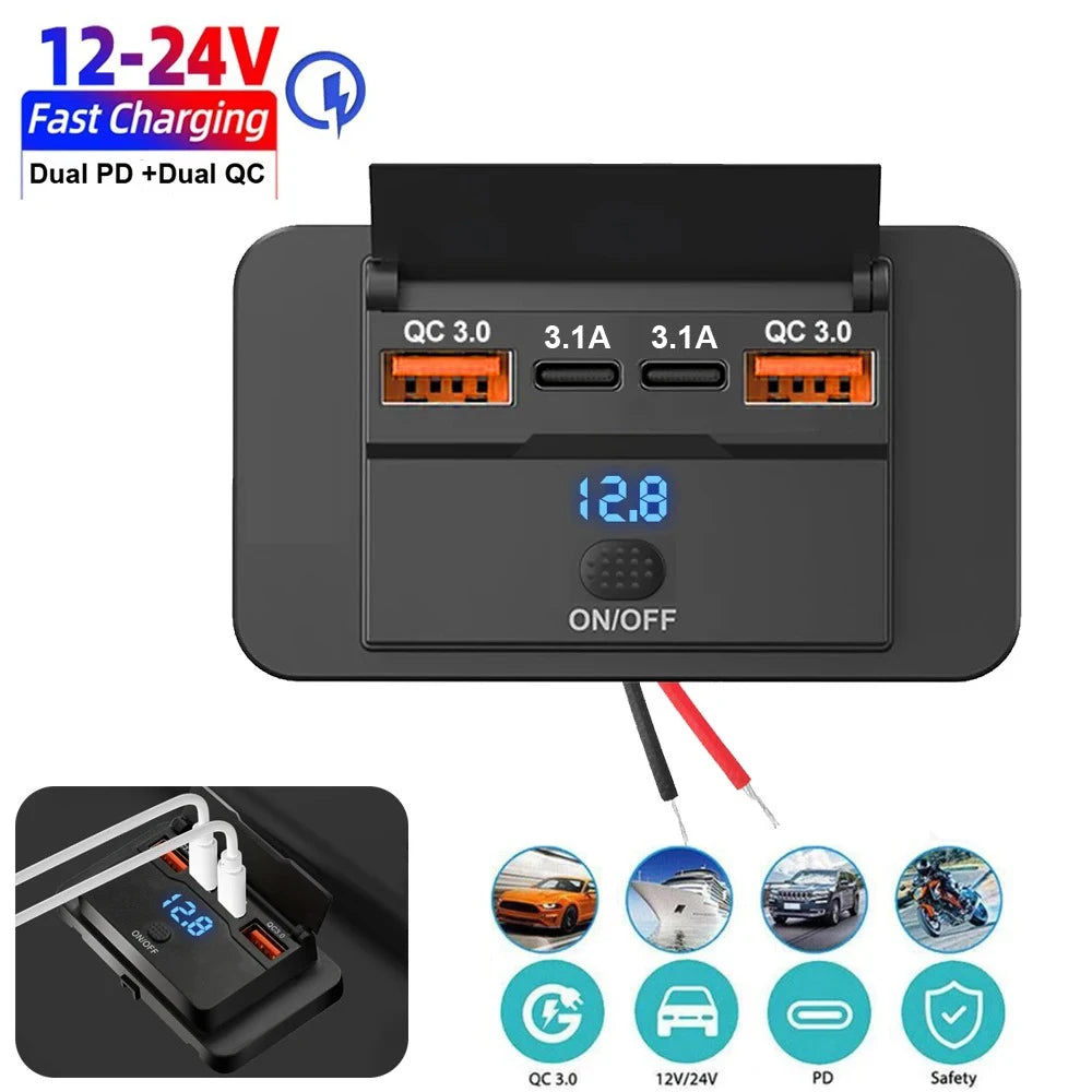 New 4 Ports Car Charger Socket Panel 12V/24V RV USB Outlet Dual QC3.0 PD Fast Charging Socket Accessories for Car Bus RV Truck