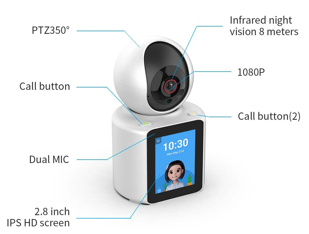 Security WIFI Camera with Screen Watch 1080P Two-way Audio Video Calling PTZ Home CCTV Surveillance Wi-Fi Baby Monitor Camera