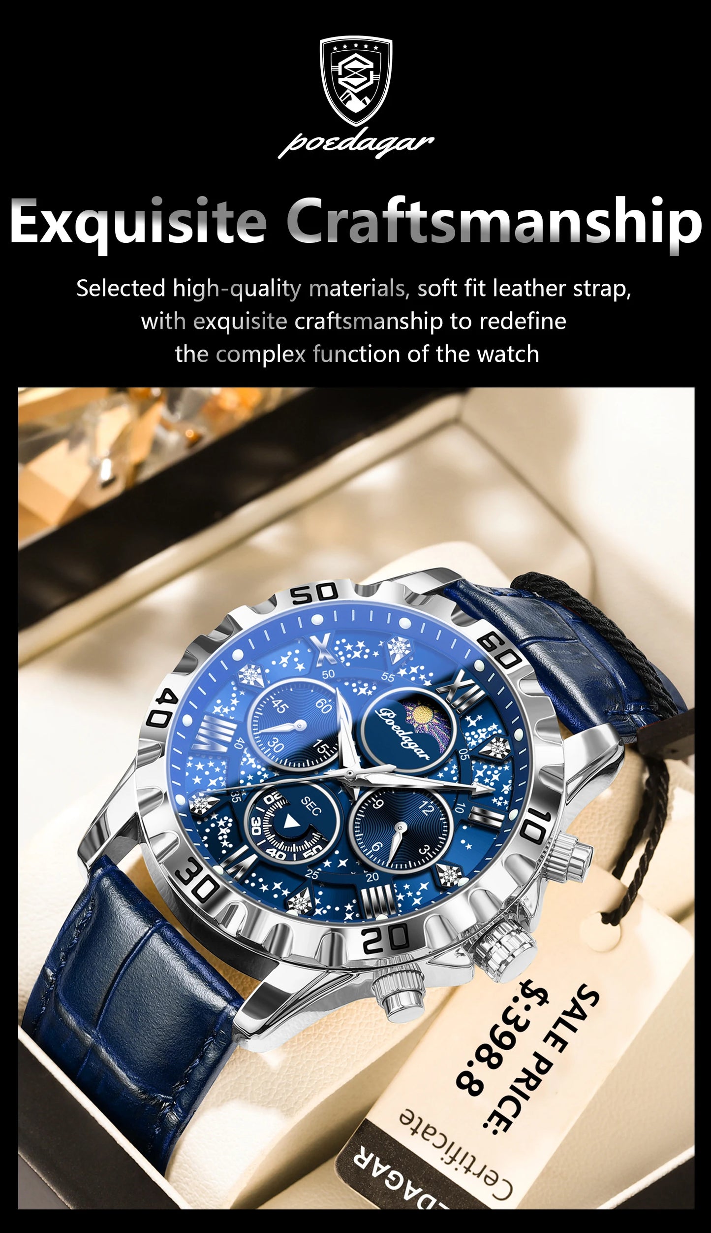 POEDAGAR Luxury Fashion Man Watch Waterproof Luminous Chronograph Leather Watches For Men Sports Outdoor Men's Quartz Wristwatch